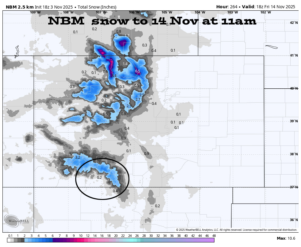 NBM snow to 14 Nov at 11am shows 0.2” near Pagosa and 3-5” in our mountains.