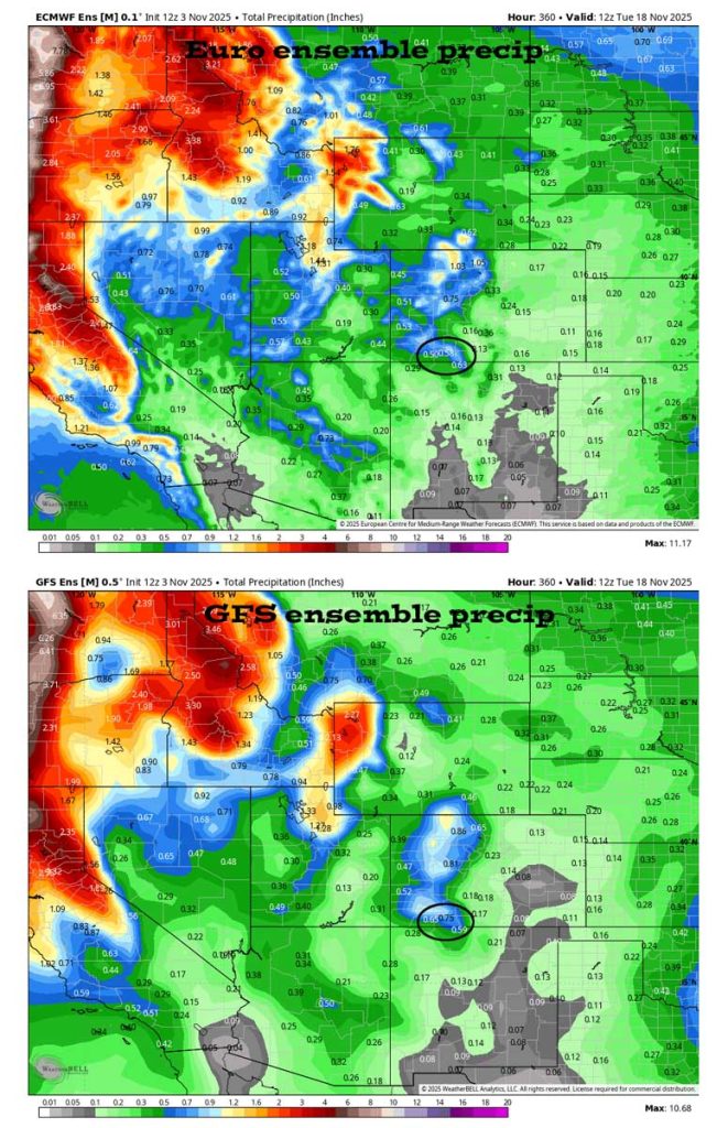 On the top, Euro ensemble precip to 18 Nov at 5am shows 0.58” in the Pagosa area. On the bottom, GFS ensemble precip shows 0.75”. The storm track to stay to our north (black arrows) for most of this period and then shift south towards the end.