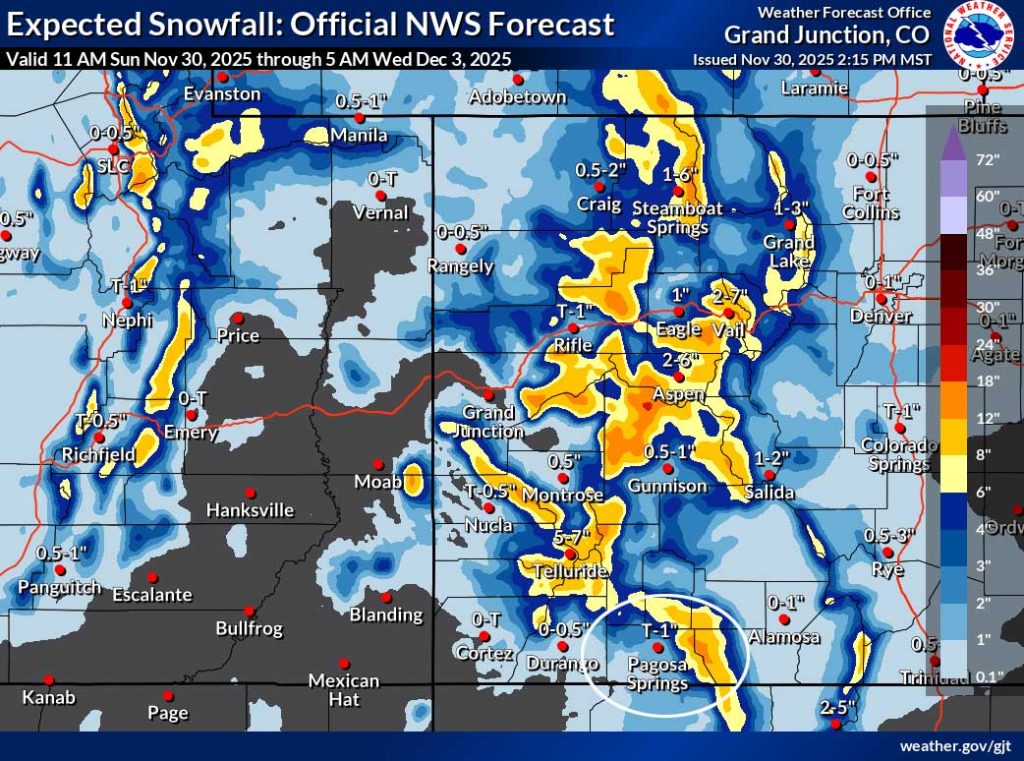 Slick roads Sunday afternoon into Monday morning… 3 The “official” NWS snow forecast shows 0-1” for Pagosa, up to 3” above 8,000ft in the Pagosa area, and 8-12” for our mountains.