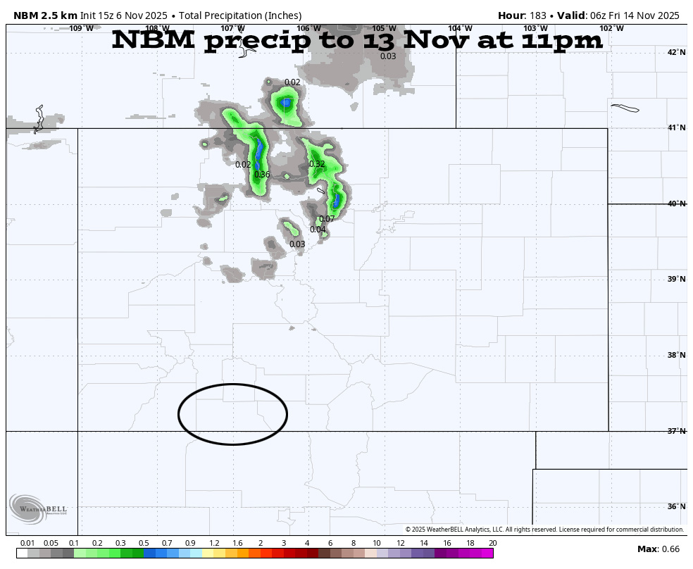 NBM precip to 13 Nov at 11pm shows nothing near Pagosa.