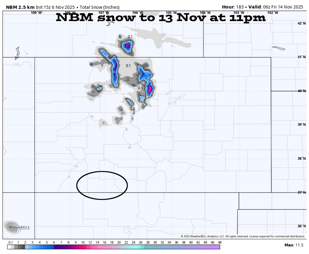 NBM snow to 13 Nov at 11pm shows none near Pagosa and 4-12” in the northern Colorado mountains.