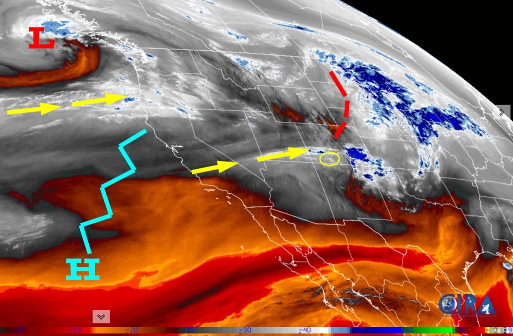 Water vapor satellite Thursday afternoon – The ridge off the west coast has been flattened by the low off the Pacific NW coast. A few mid and upper-level clouds are being pushed into our area by flow out of the west-southwest (yellow arrows). The ridge will strengthen/rebound along the west coast over the weekend.