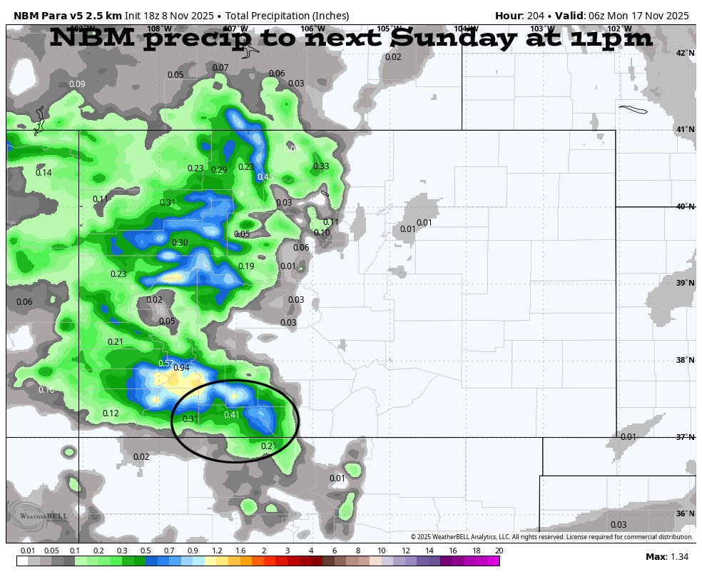 NBM precip to 16 Nov at 11pm shows 0.41” near Pagosa and 0.75” to 1” in our mountains.
