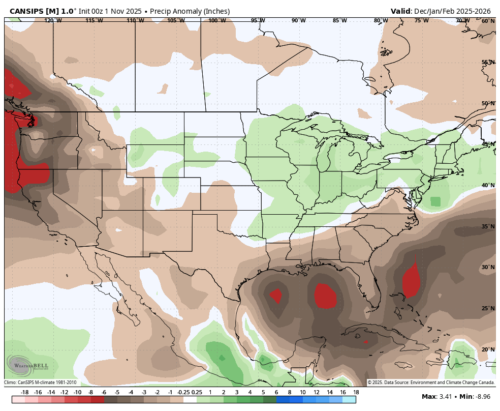 Pagosa Weather's Winter Outlook 2025/2026 31 cansips all avg conus precip anom season mostrecent 9904000