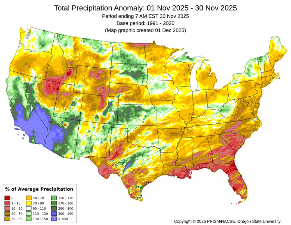 November mean precip anomalies - The lower parts of Archuleta County were 70-130% of average while the higher elevations were 50-70% of average. Southern CA, southern NV, and much of AZ did very well due to a couple of slow-moving cut-off lows. If these would have tracked a couple of hundred miles farther east, we would have done quite well too.