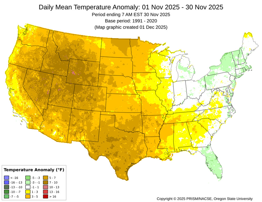 November mean temperature anomalies across much of Archuleta County were 5-7 degrees above average. Most of the country had temps above average for November.