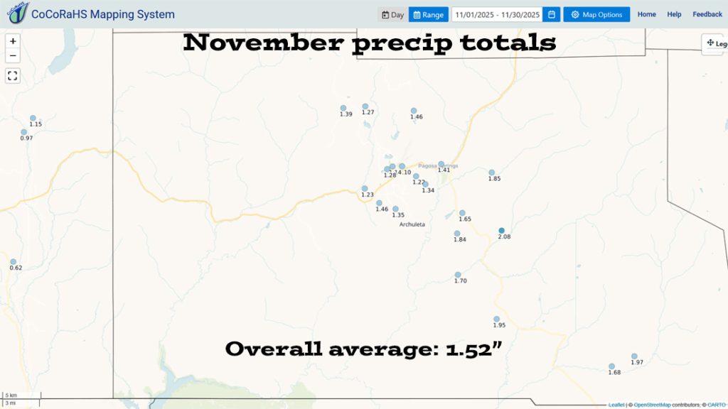 CoCoRaHS precip totals ranged from 1.10″ to 2.08″. 7 out of 20 locations were above the average of 1.62″. 
The eastern part of the county did the best.