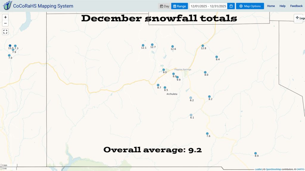 Pagosa Weather DECEMBER SUMMARY & January Outlook 4 CoCoRaHS snow totals ranged from 6.1″ to 12.8". All locations had less than the average of 21.2″.