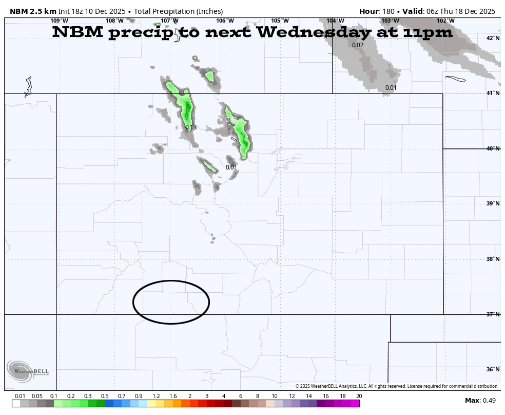 Sunny, warm, and dry for next 10 days… 2 NBM precip to next Wednesday at 11pm – No precip is expected is for southern CO while northern CO could get a little.