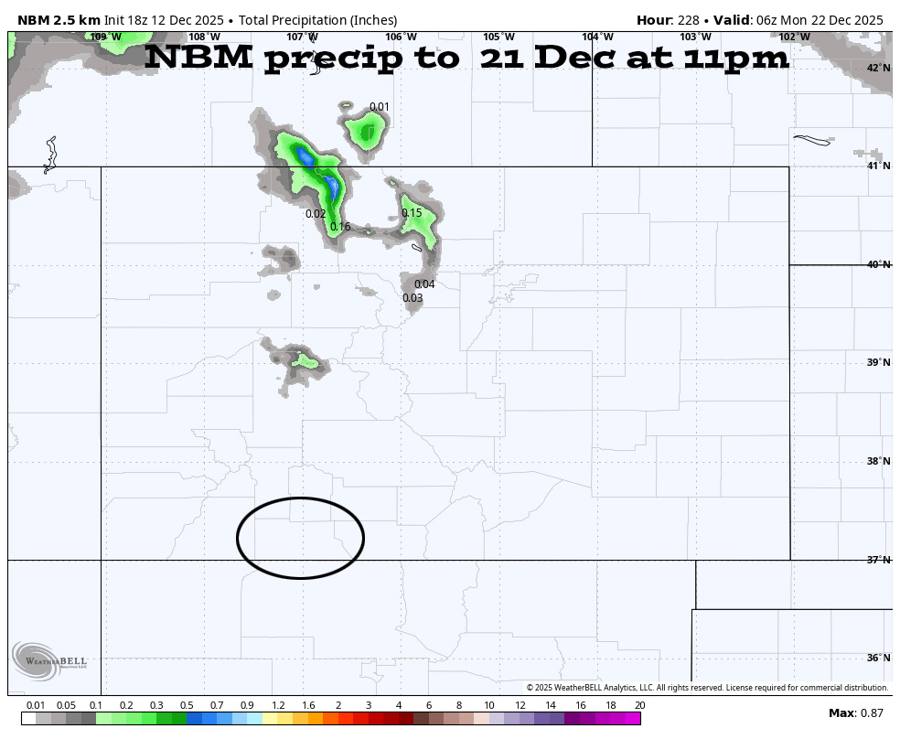 Near record highs through Monday – potential for snow on Christmas … 2 NBM precip to 21 Dec at 11pm – No precip is expected is for southern CO while northern CO could get a little.