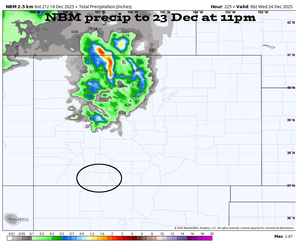 Sunny, warm, and dry weather continues… 2 NBM precip to 23 Dec at 11pm – No precip is expected for southern CO while the northern CO could do pretty good.