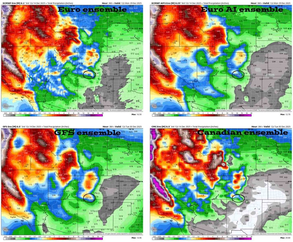 Sunny, warm, and dry weather continues… 5 These are the 15-day ensemble precip totals for the four primary models. In the upper left, Euro ensemble shows 0.81”” in the Pagosa area. In the upper right, Euro AI ensemble shows 0.79”. In the bottom left, GFS ensemble shows 1.23”. In the bottom right, Canadian ensemble shows 0.69”.