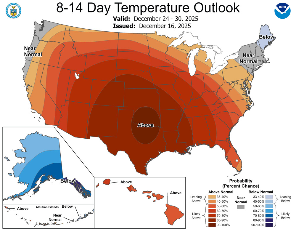 Sunny, warm, and dry through Christmas Eve… 3 The CPC 8-14 day temp outlook shows an 80-90% chance for above average temps.