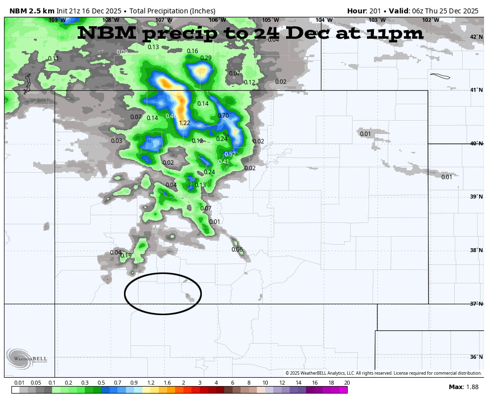 Sunny, warm, and dry through Christmas Eve… 2 NBM precip to 24 Dec at 11pm – No precip is expected in our area. The northern San Juans could get a little snow Wednesday afternoon into Wednesday night as a trough moves through northern CO.