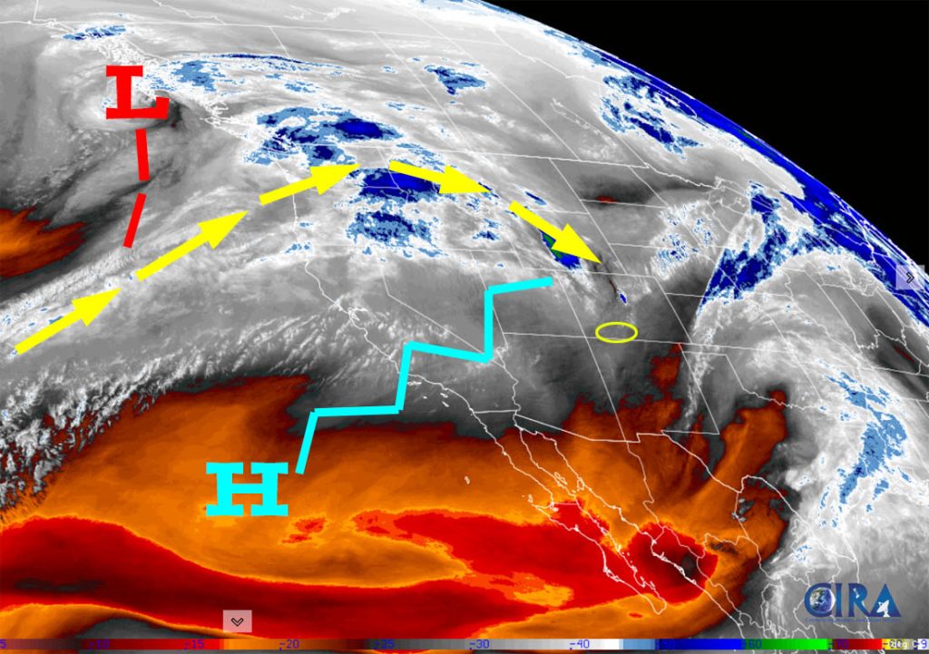 Sunny, warm, and dry through Christmas Eve… 1 Water vapor satellite Tuesday afternoon – The big evil high is still in control and continues to keep the storm track well to our north.