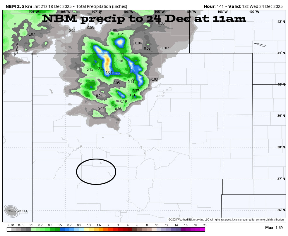 Wet on Christmas… 2 NBM precip to 24 Dec at 11am – No precip is expected in our area. The northern Colorado mountains will get some snow Friday night through Saturday night.