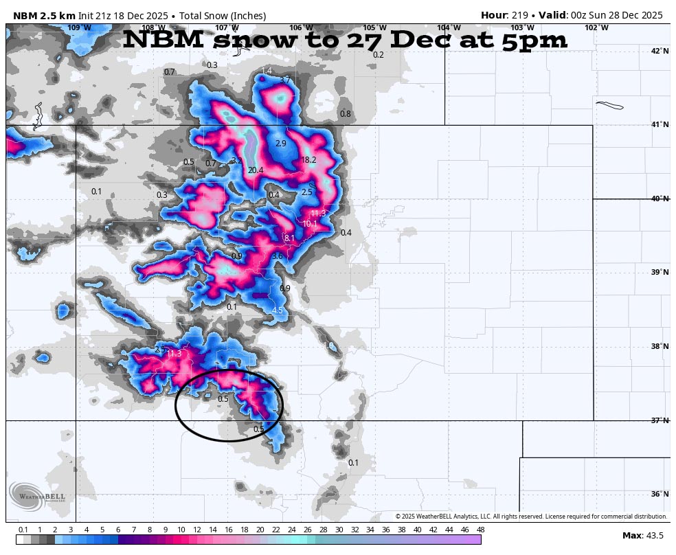 Wet on Christmas… 3 NBM snow to 27 Dec at 5pm shows 0.5” of snow near Pagosa and 10-16” near Wolf Creek.