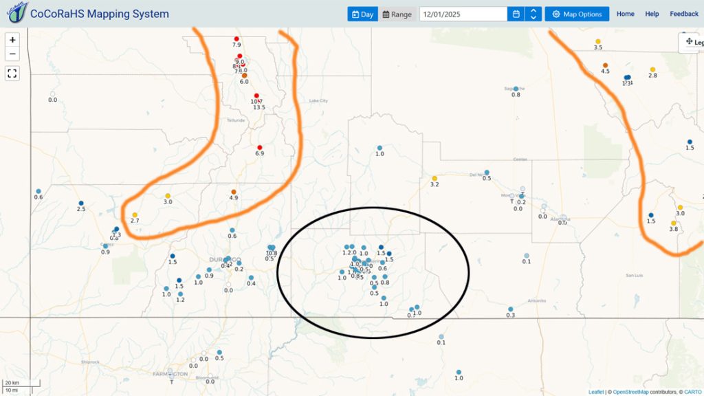 CoCoRaHS snow totals in Archuleta County from the last storm ranged from 0.5” to 1.5”. Flow was mostly out of the west and northwest which favored the northwest San Juan Mountains.