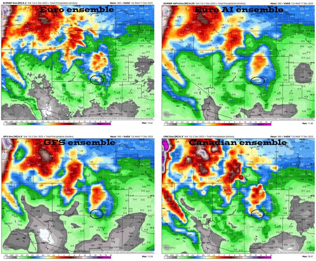 This is the 15-day ensemble precip totals for the four primary models. In the upper left, Euro ensemble shows 0.87”” in the Pagosa area. In the upper right, Euro AI ensemble shows 0.93”. In the bottom left, GFS ensemble 0.71”. In the bottom right, Canadian ensemble shows 1.16”.