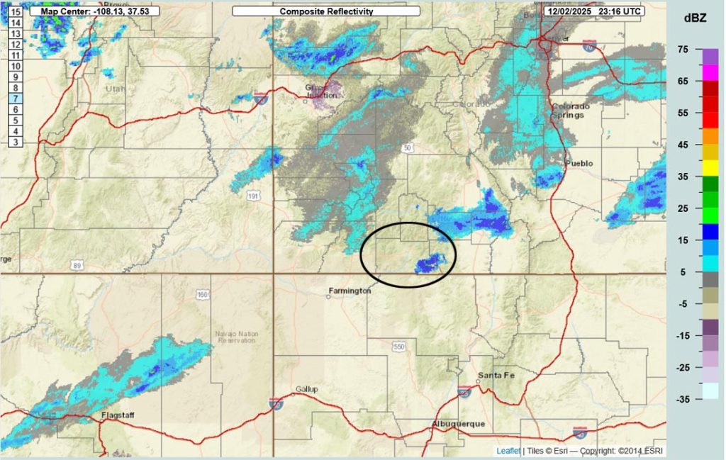 Radar at 4:16pm Tuesday – As usual radar isn’t picking up most of the light snow falling in the area. CDOT cameras show snow falling from Mancos Hill all the way to South Fork.