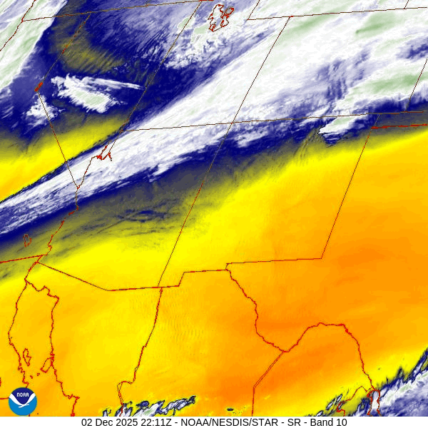 Water vapor satellite loop from roughly 3:05pm to 4:05pm Tuesday – We are on the eastern edge of the band clouds ahead of the trough that is currently over central UT. The main trough will move through our area late Wednesday evening.