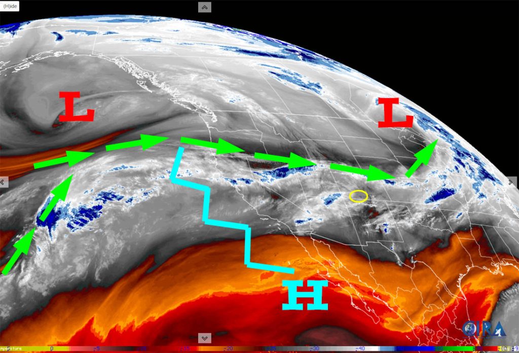 Snow amounts are trending up for Wolf Creek… 1 Water vapor satellite Saturday around noon – Good news… the high is finally moving towards the east and the ridge is flattening. The storm track, green arrows, is slowly moving south. WA state will finally get break as the “atmospheric river” shifts south towards the Sierra Nevada range in CA.