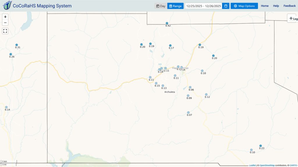 2-day precip totals in Pagosa Country ranged from 0.06” to 0.42”.