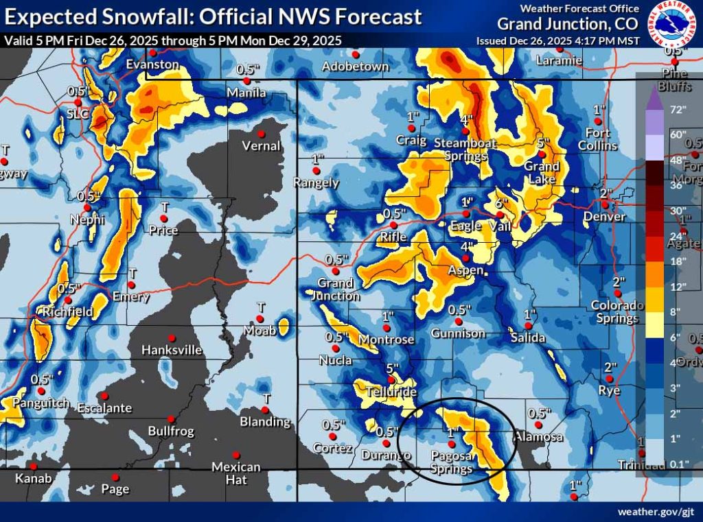 The “official” NWS snow forecast shows 1” near Pagosa and 8-12” near Wolf Creek.