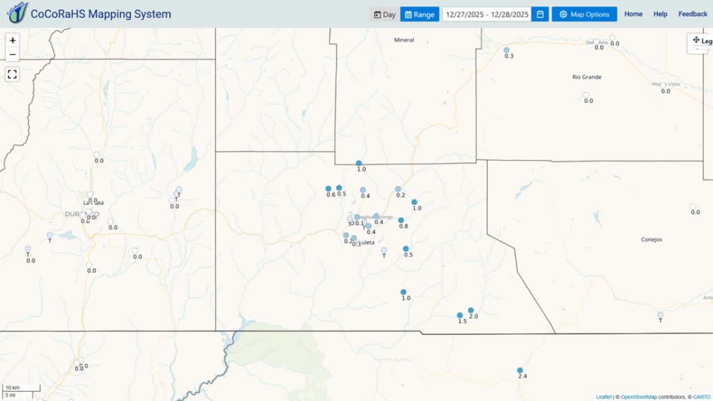 Dry through Wednesday and then a little more active… 2 CoCoRaHS 2-day snow totals ranged from a trace to 2”. Our friends in the Chromo area were the rain and snow lottery winners!
