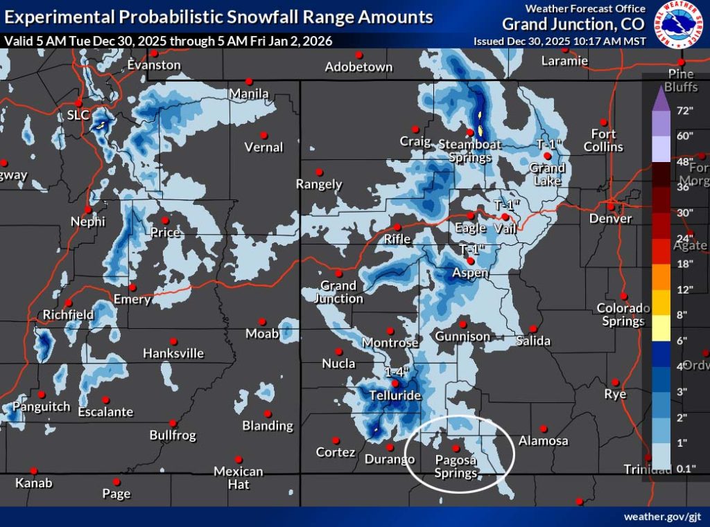 The “official” NWS snow forecast shows 1-2” of snow over our mountains. A westerly trajectory will favor the northwest San Juan Mountains.