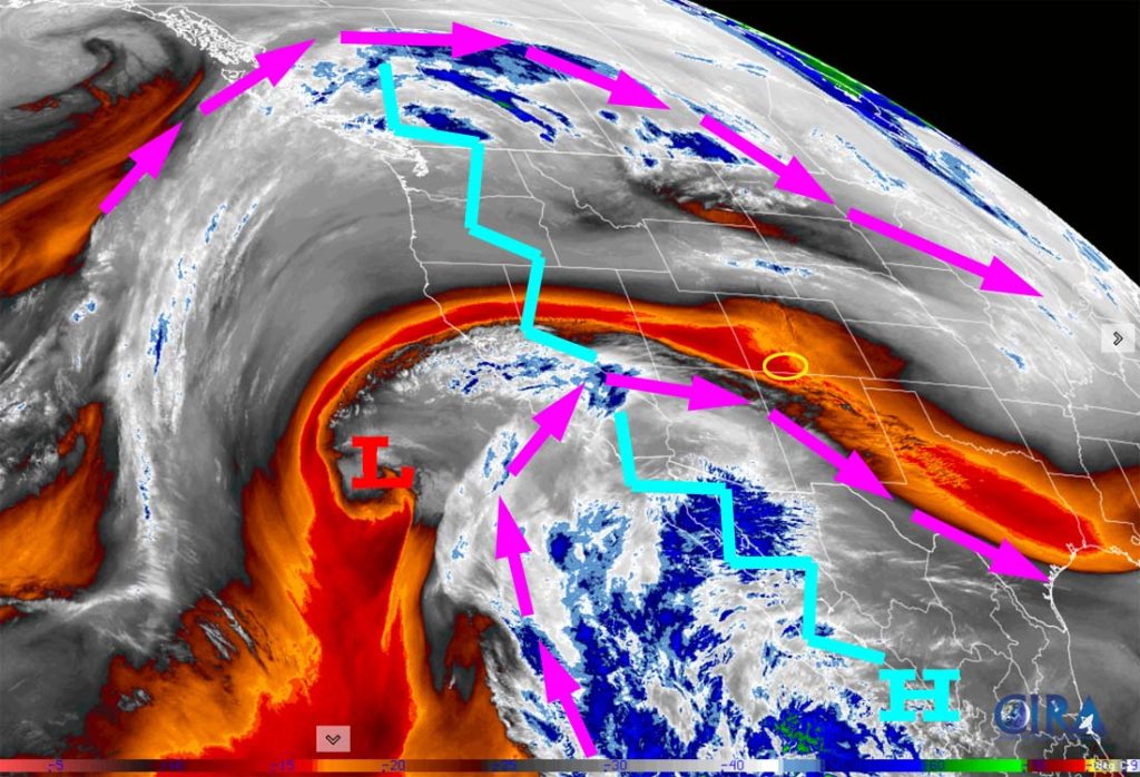 Water vapor satellite Tuesday around noon – The weak low off the coast will move through our area Friday morning but there won’t be much of left of it.