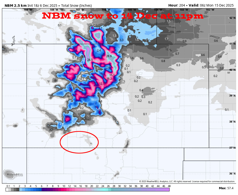 NBM snow to 14 Dec at 11pm – Our mountains might get an inch of snow this Saturday, but we stay mostly dry. The northwest flow pattern favors the northern CO mountains.