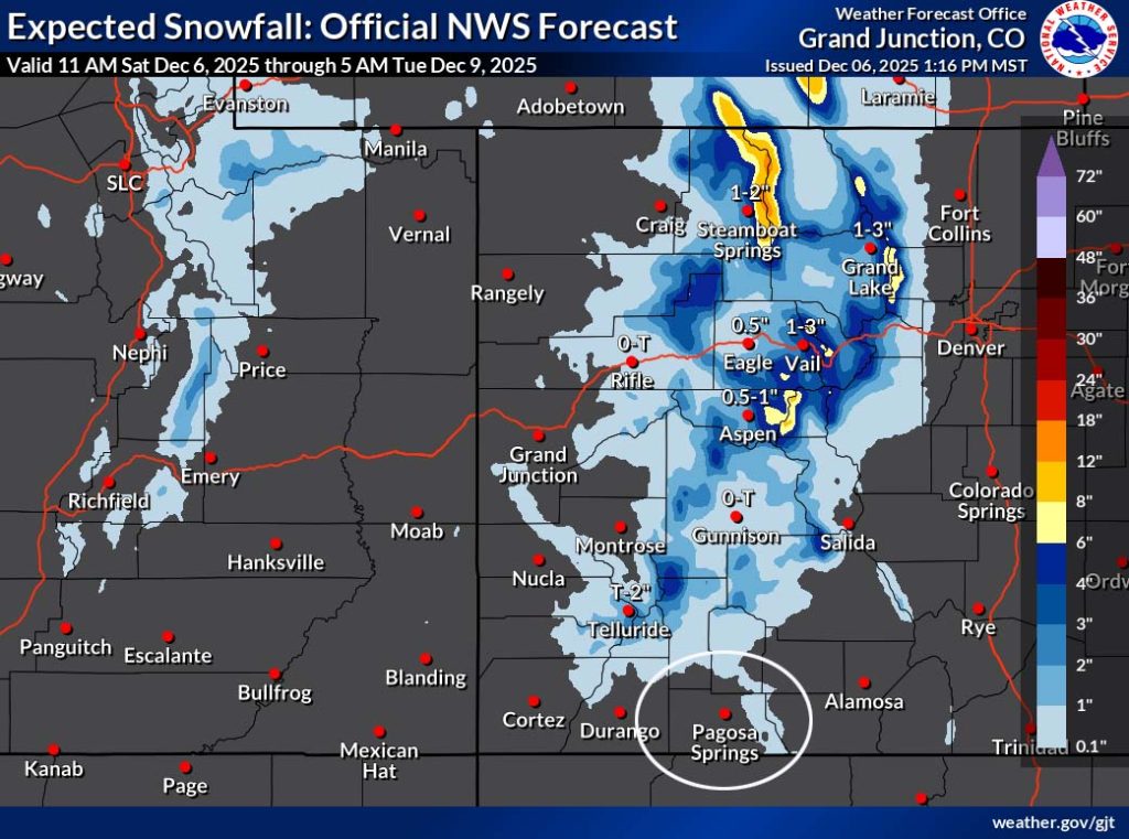 The “official” NWS snow forecast shows up to an inch along The Divide in our mountains and none for Pagosa on Saturday.