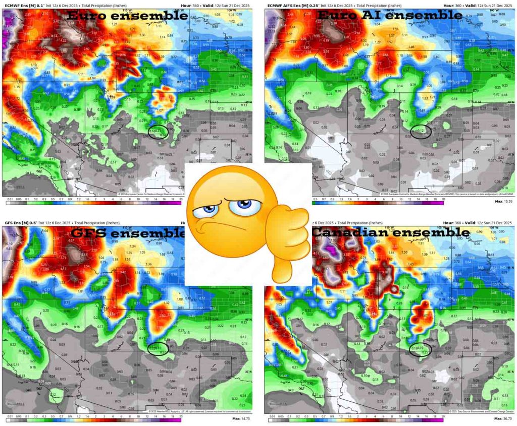 This is the 15-day ensemble precip totals for the four primary models. In the upper left, Euro ensemble shows 0.21”” in the Pagosa area. In the upper right, Euro AI ensemble shows 0.12”. In the bottom left, GFS ensemble 0.31”. In the bottom right, Canadian ensemble shows 0.19”.