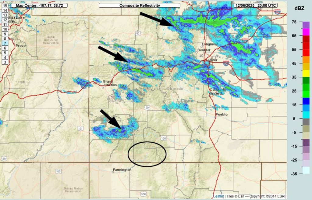 Radar at 1pm Saturday afternoon – Showers are being pushed into the northern Colorado mountains out of the northwest.
