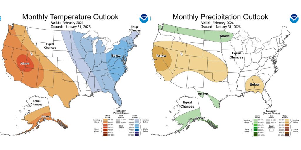 Pagosa Weather JANUARY SUMMARY & February Outlook 10 The CPC temp outlook for Feb on the left shows a 33-40% chance for above average temps.
The precip outlook on the right shows a 33-40% chance for below average precip.