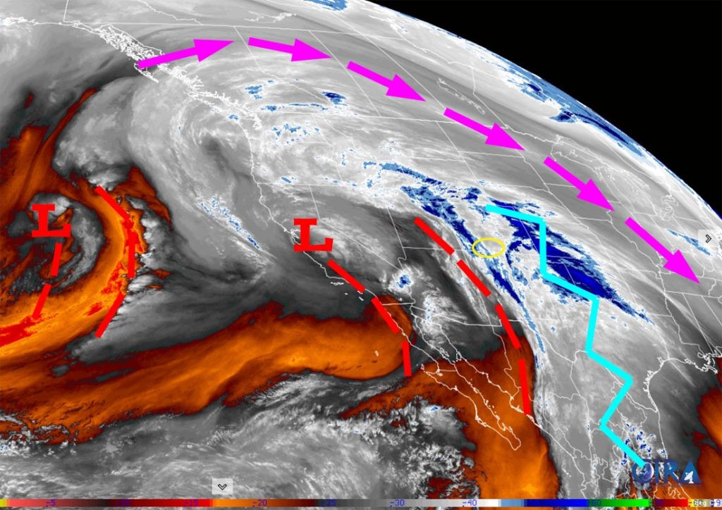 Water vapor satellite Thursday around noon – The ridge, jagged blue line, has finally moved to our east. The jet stream, purple arrows, is still well to our north so there isn’t much support for the weak systems lined up to our west, dashed red lines. Moisture is steaming into our area from the south but upper-level flow is more westerly and there isn’t much storm energy to turn the moisture into precip. The little low over CA will move over our heads around noon on Friday but there won’t be much left of it.