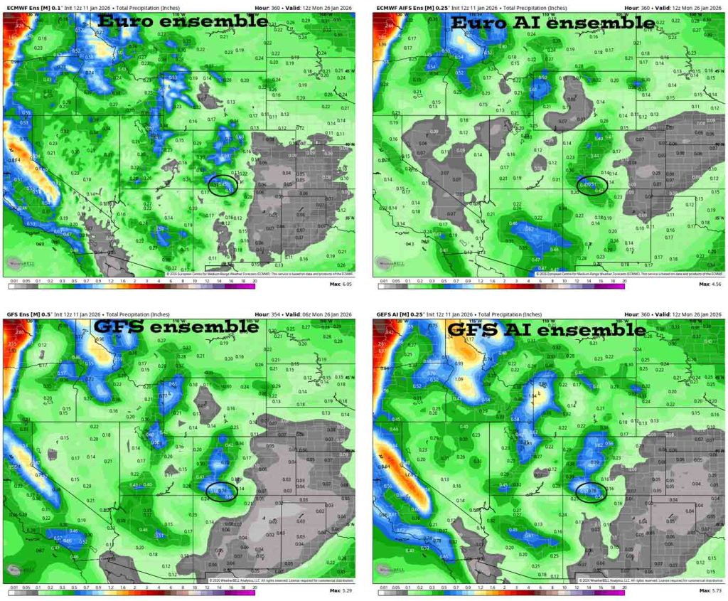 Lots of sun and warmer temps… 3 These are the 15-day ensemble precip totals for the four primary models. In the upper left, Euro ensemble shows 0.45” in the Pagosa area. In the upper right, Euro AI ensemble shows 0.51”. In the bottom left, GFS ensemble shows 0.76”. In the bottom right, GFS AI ensemble shows 0.78”. The GFS is more optimistic about a storm at the end of the period.