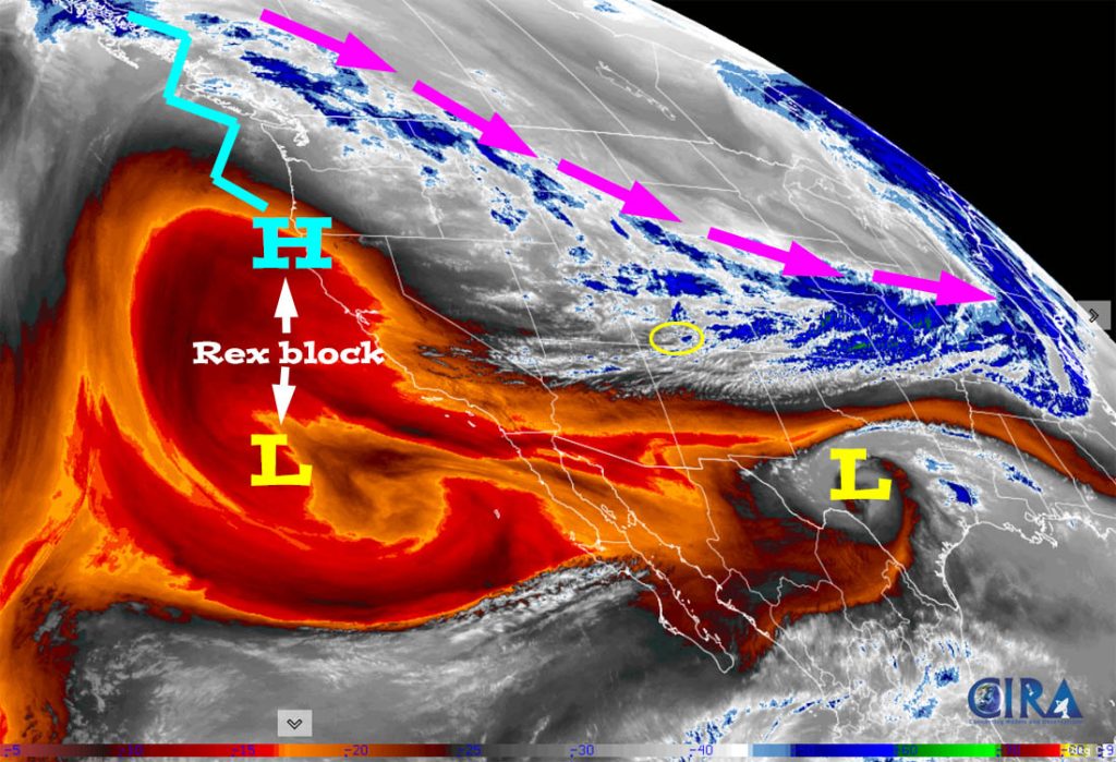 Water vapor satellite Tuesday afternoon – A big ole Rex block has set up along the west coast and forcing the jet stream, purple arrows well to our north. The Rex block will keep most of the western US dry for at least the next week.