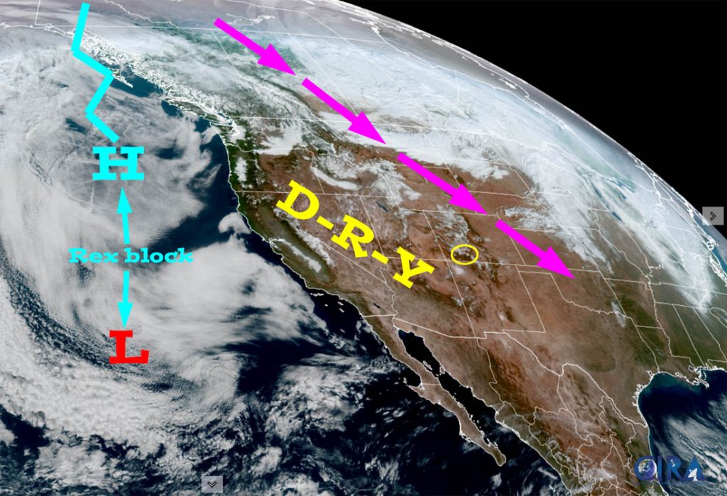 Bad news for snow lovers … 1 Visual satellite Thursday afternoon – The Rex block off the west coast is keeping the storm track well to our north. There are very few clouds over most of the western US.
