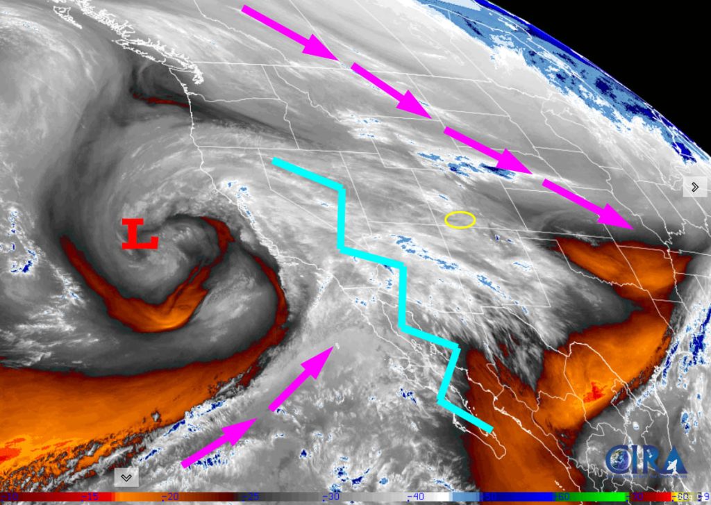 Water vapor satellite Wednesday evening – The ridge, jagged blue line, is finally weakening and moving east. We still have flow out of the northwest but that will change Friday when the ridge moves to our east. Lots of mid and high clouds are moving through the region. The low will stay to our south but a trough moving through from the northwest will interact with moisture streaming into the region from the southwest. This will be our snow-maker Friday evening into Saturday evening.