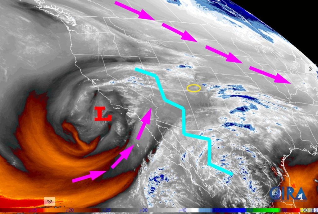 Water vapor satellite Thursday afternoon – The ridge, jagged blue line, continues to weaken and move slowly east. The low will stay well to our south but will funnel moisture into the area as a trough moves through Saturday evening from the northwest.