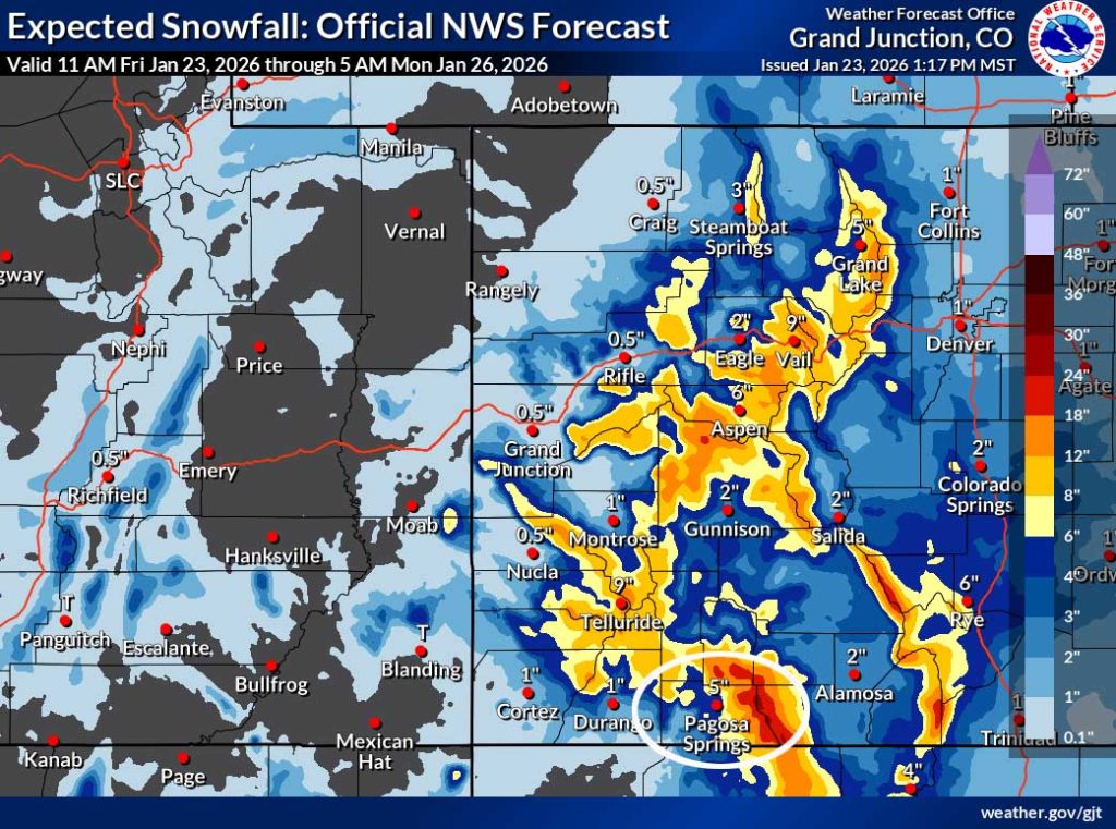 Snow is on the way … 4 NWS snow forecast to Sunday at 5pm shows 5” near Pagosa Springs and 18-24” near Wolf Creek. I’m expecting a little less for Wolf Creek.