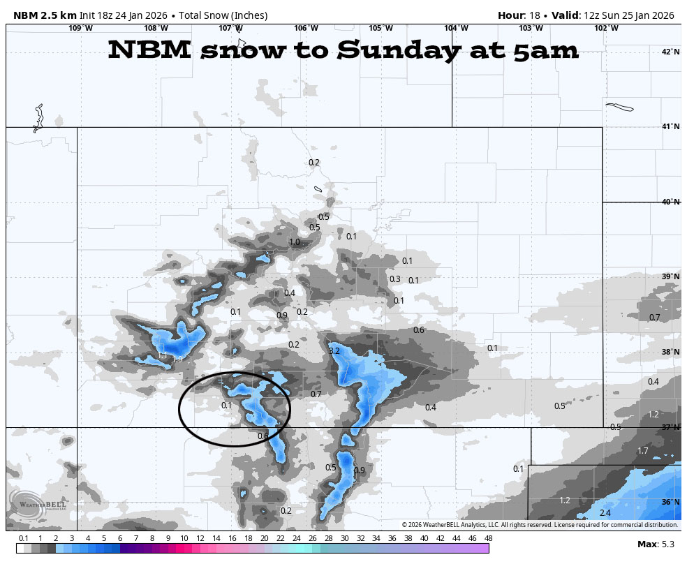 Mountain snowshowers into Saturday evening… 5 NBM snow to Sunday at 5am shows 0.1” near Pagosa Springs and 2-4” near Wolf Creek.