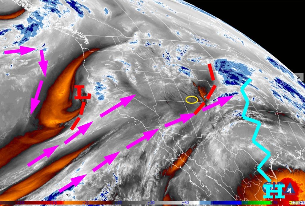 Water vapor satellite early Monday afternoon – Purple arrows indicate upper-level flow. This morning’s trough, red dashed lines, has moved to our east. The Wednesday night/Thursday system is spinning off the CA coast.