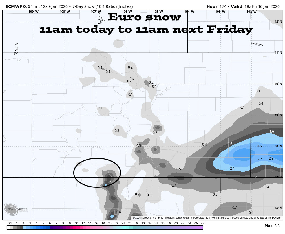 And now we’ll be dry for a while… 5 Euro snow from 11am today to 11am next Friday shows a little snow this afternoon along the southern Divide and into the Chama area, but otherwise, nothing is expected.