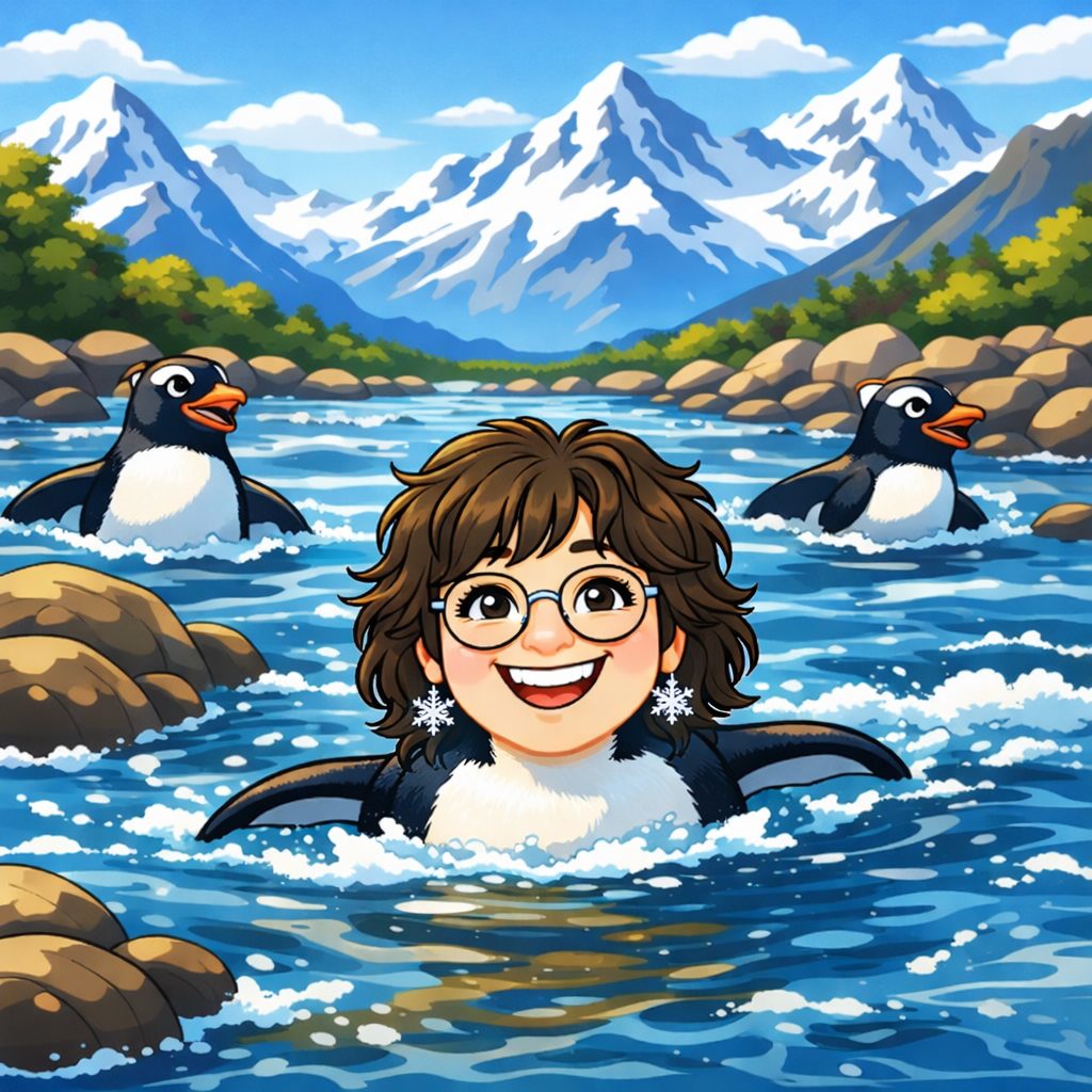woman swimming in river with pengins