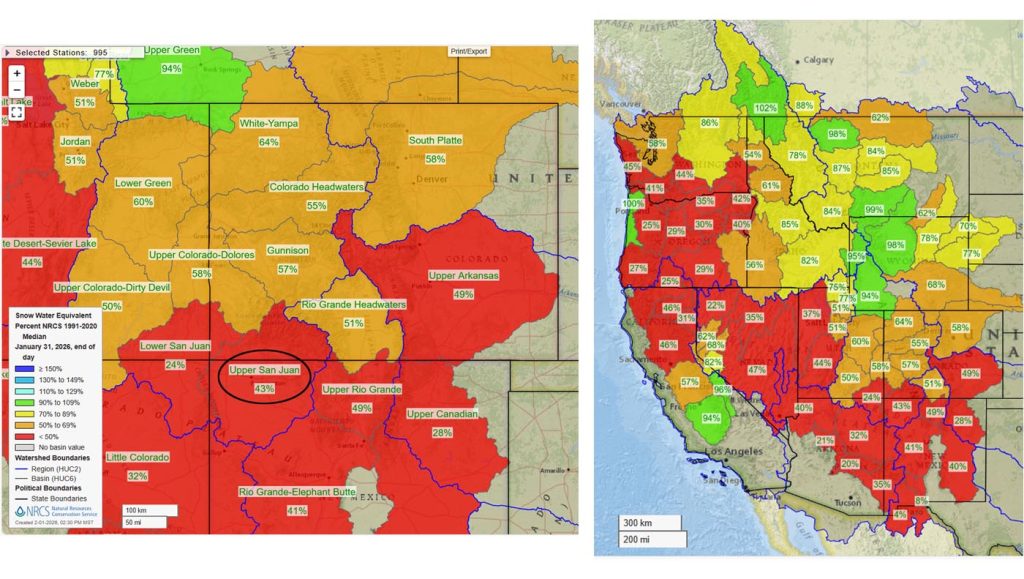 Pagosa Weather JANUARY SUMMARY & February Outlook 8 Snowpack is below average for much of the western US.
The Upper San Juan snotel is at 45% of the seasonal median and the Wolf Creek Summit snotel is at 47%