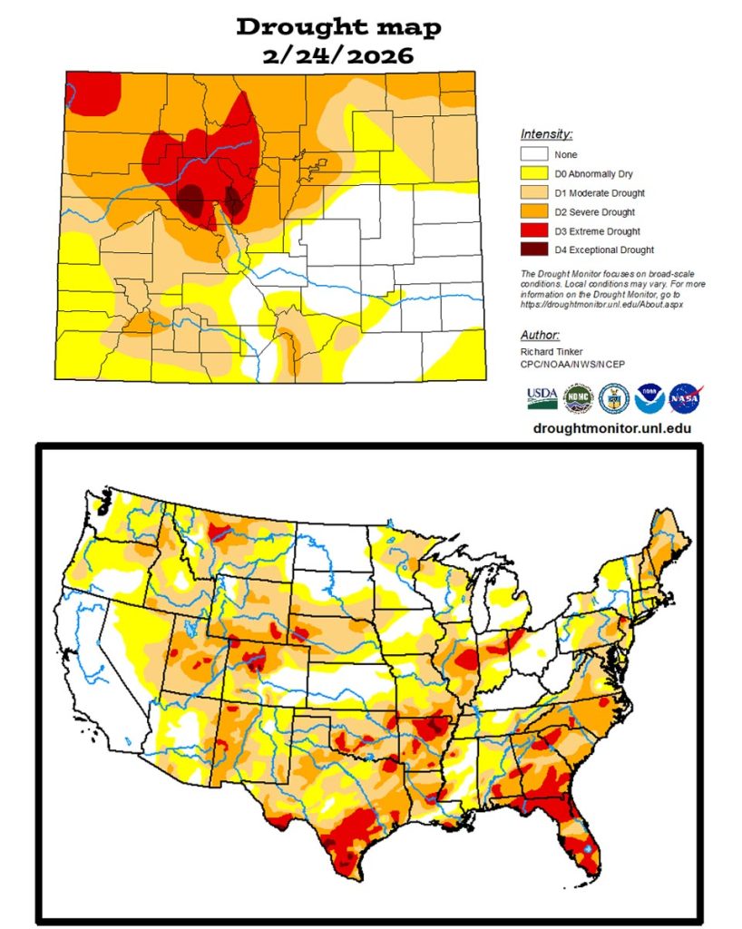 In Archuleta County the northern part has “moderate drought” conditions while the southern part is still considered “abnormally dry”.
The US drought map on the bottom shows that much of the US is experiencing drought conditions.