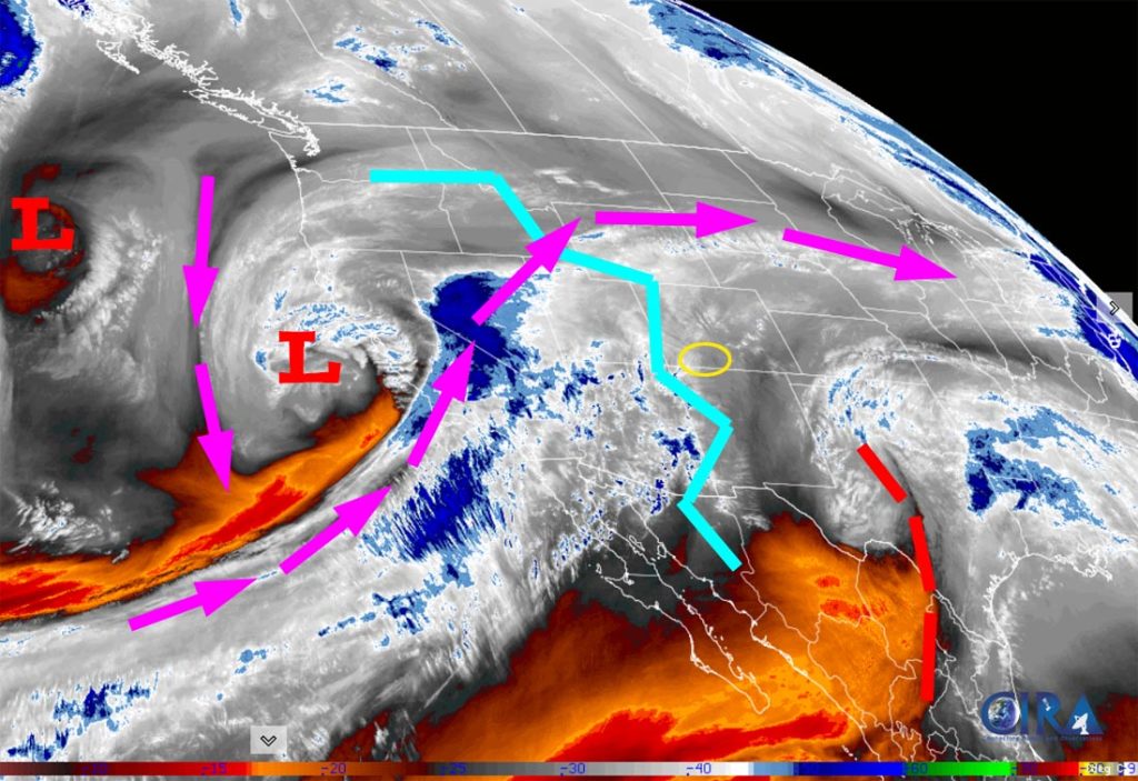 Water vapor satellite Tuesday afternoon – Purple arrows indicate upper-level flow. The ridge, jagged blue line, has moved our heads and is weakening. Lots of moisture is funneling into southern California. 